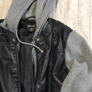 Leather hooded jacket